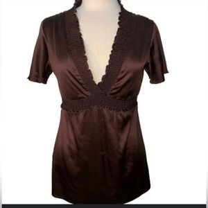 BCBG Max Azria Brown SILK top with deep V and waffle ruffles